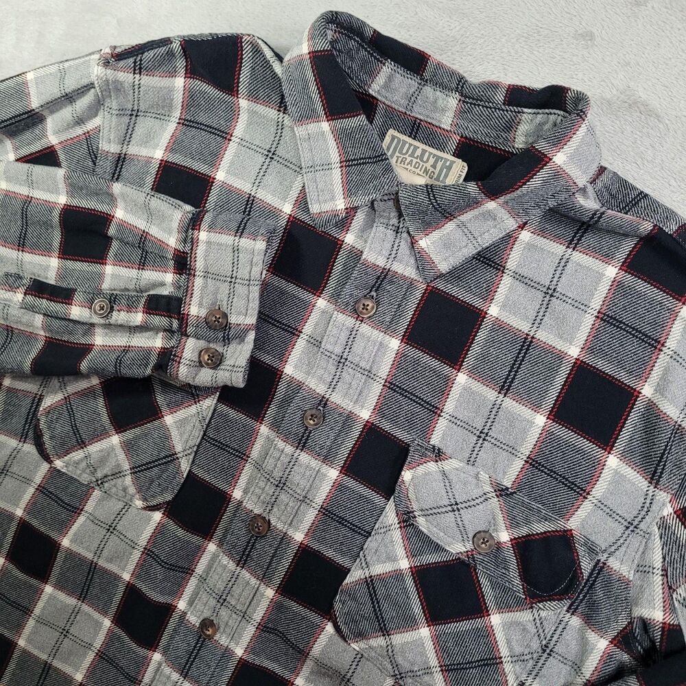 Duluth Trading Co. Shirt Mens 2XLT Heavy Gray Plaid Long Sleeve Flannel Trim Fit